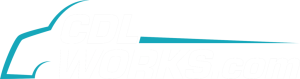 White CDL Works.com logo with teal truck outline on a black background.